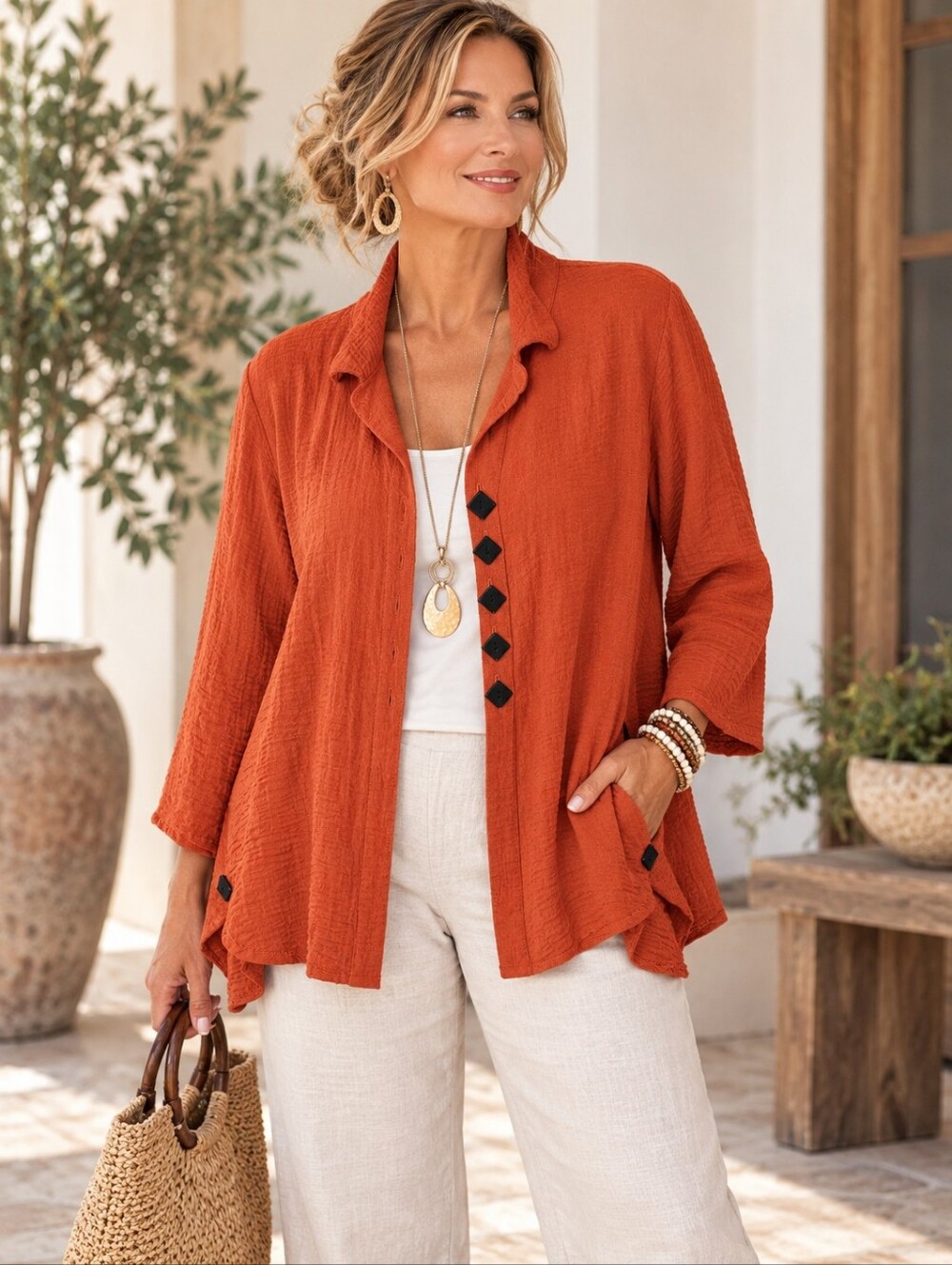 Yushi Rust Orange Tunic Top XL Button Front Lagenlook Crinkle Rayon Womens Artsy